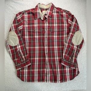 L.L. Bean Button Shirt Elbow Patches Plaid Men’s L Red Tan EUC